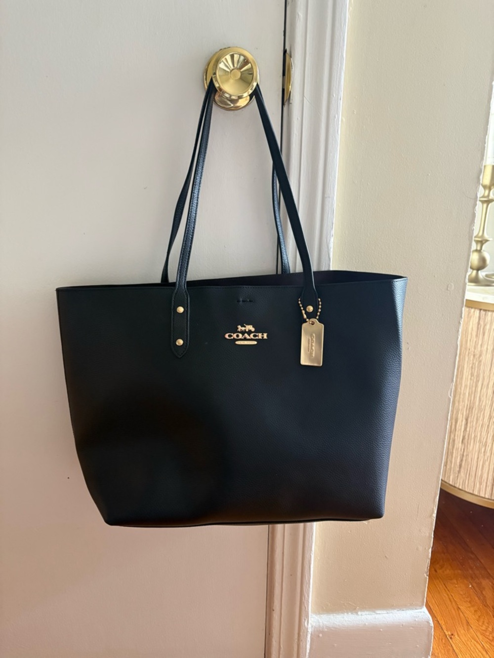 Coach Black Leather Tote with Gold Accent
